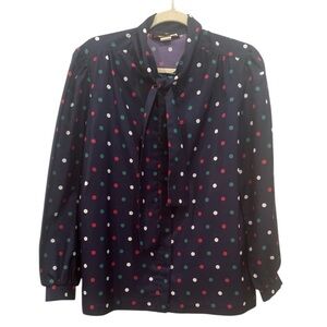 Vintage Navy Polka Dot Blouse Red Green Christmas Holidays Front Tie Sz 14